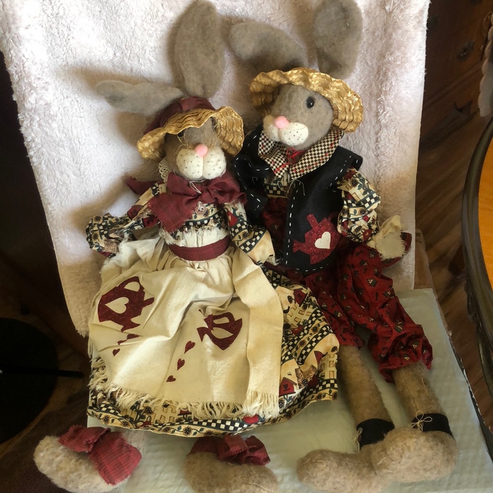 Mr. Mrs. Bunny Whimsy Folk Art Handmade 27”Cloth Dolls Shelf Sitters